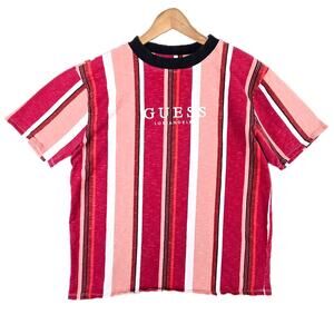 Guess Originals Los Angeles Vertical Striped T-shirt Mens Medium Red Y2K Vtg